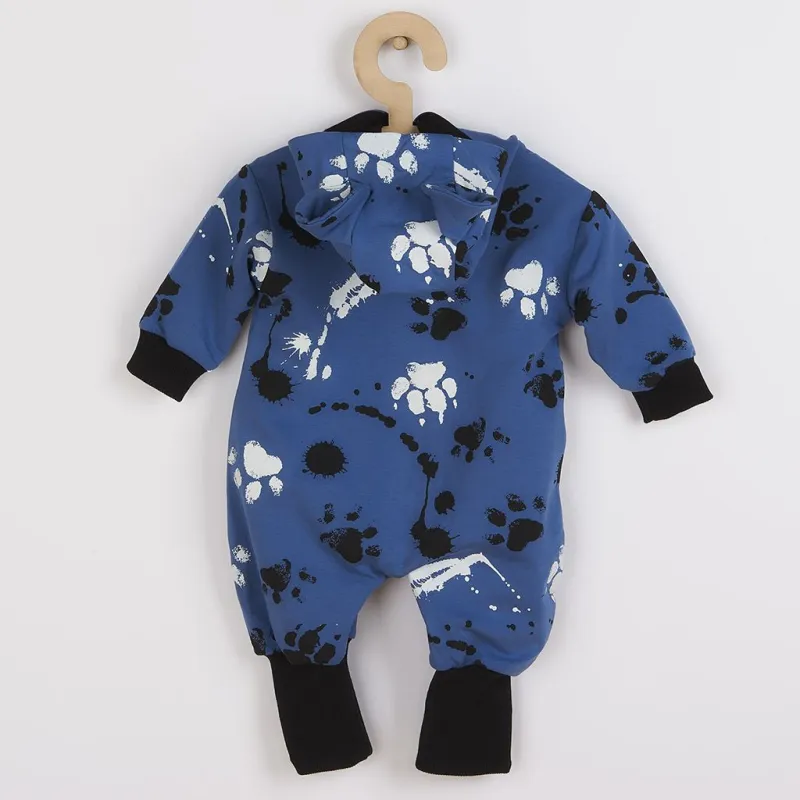 New Baby Kojenecký bavlněný overal s kapucí a oušky tlapka modrý