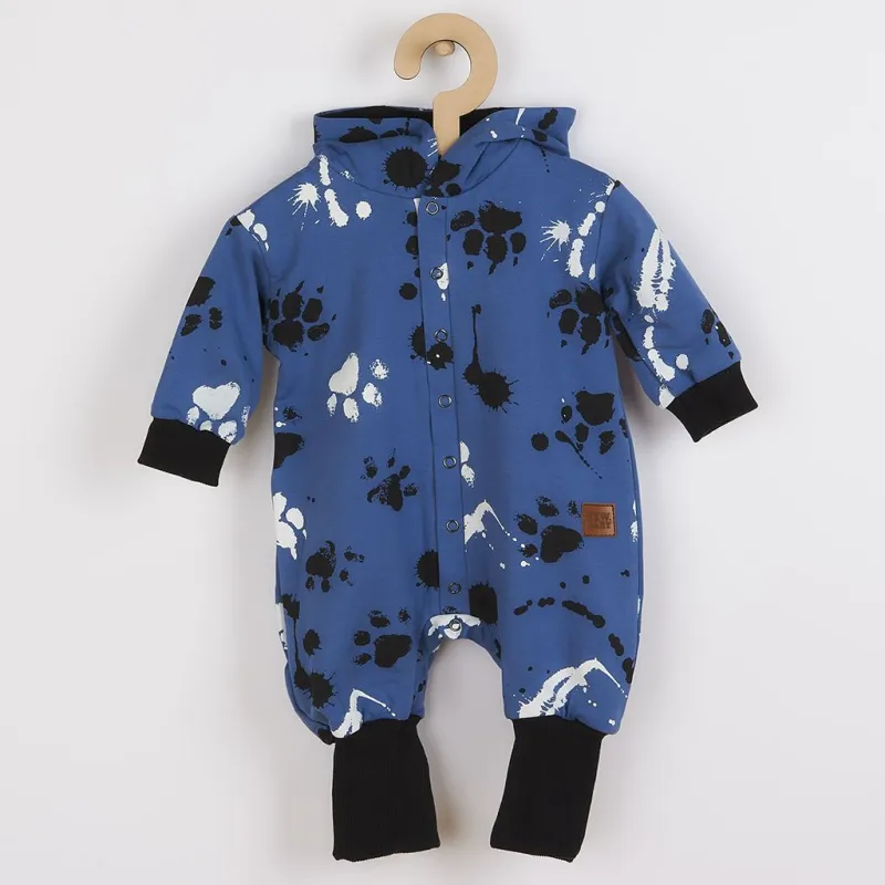 New Baby Kojenecký bavlněný overal s kapucí a oušky tlapka modrý