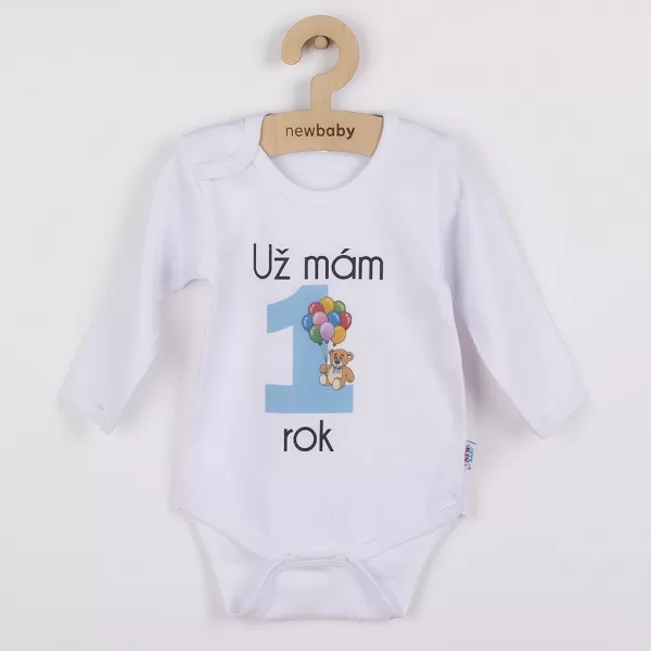 New Baby Body s potiskem Už mám 1 rok modré - dárkové balení