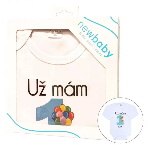 New Baby Body s potiskem Už mám 1 rok modré - dárkové balení