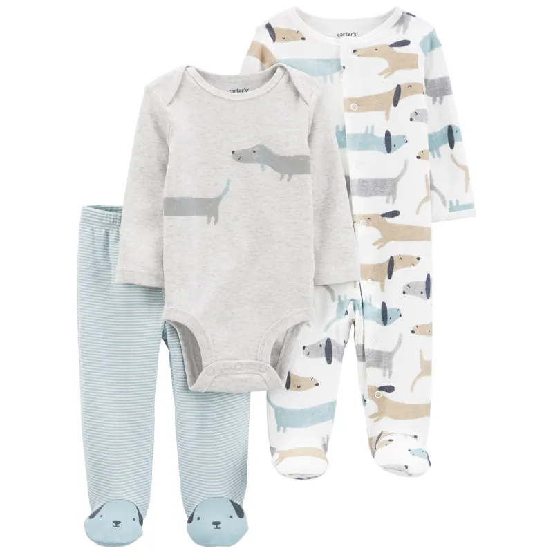 CARTER'S Set 3dílný overal na druky, polodupačky, body dl. rukáv Dogs chlapec LBB PRE, vel. 46