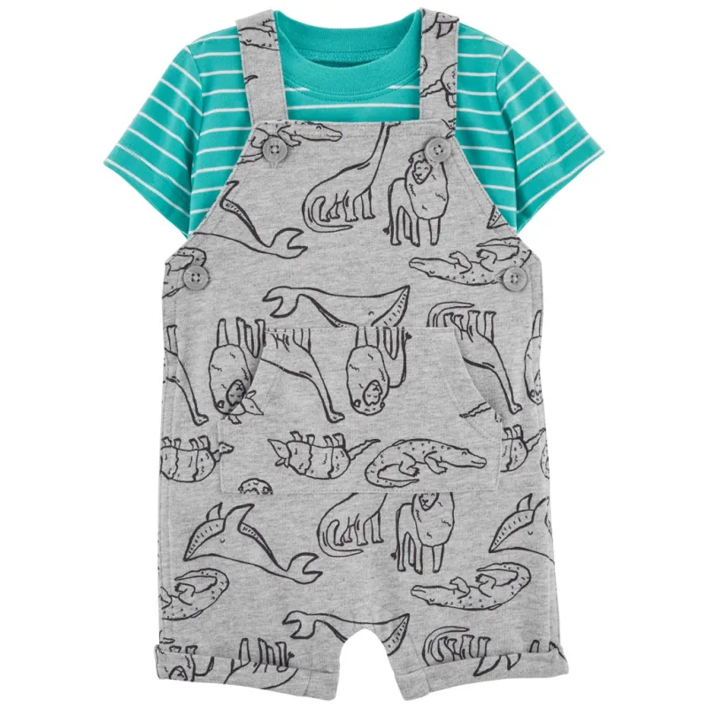 CARTER'S Set 2dílný triko kr. rukáv, kraťasy na kšandy Grey Dinos kluk 3m