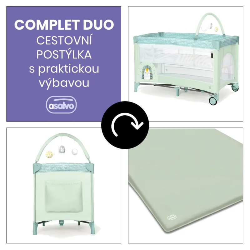 Asalvo COMPLET DUO cestovní postýlka s druhým dnem a hrazdičkou, hedgehog