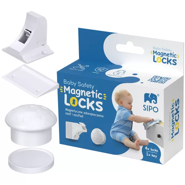Sipo Magnetické zámky na skříně a zásuvky, sada 4 ks + 1x magnetický klíč, BÍLÁ