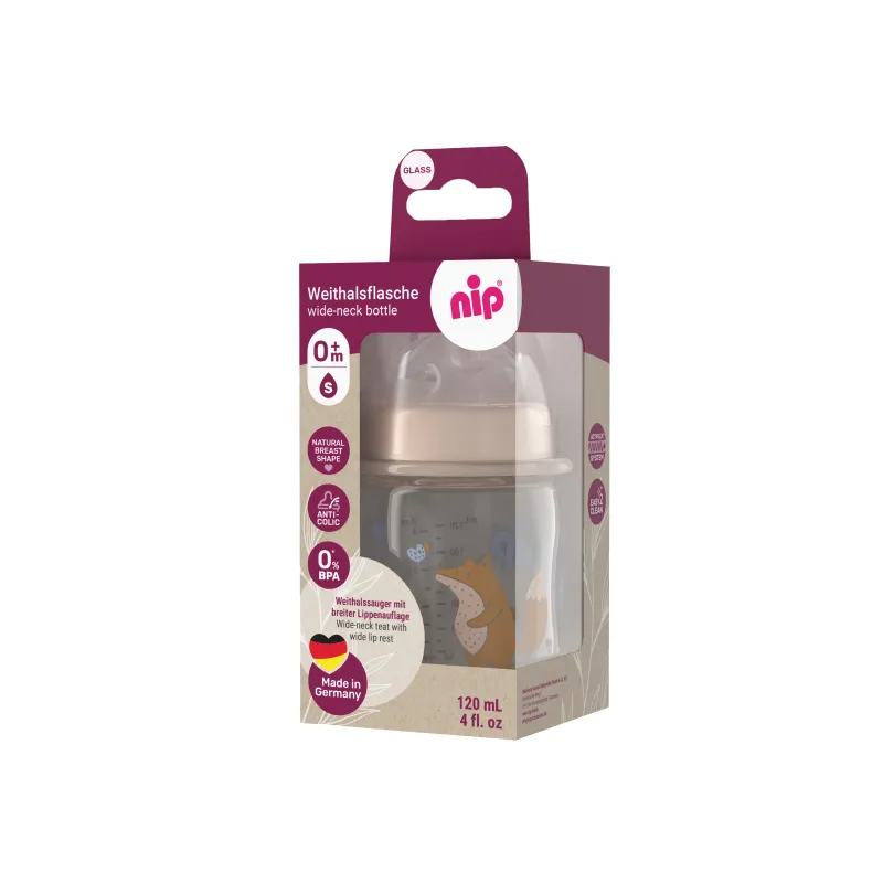 NIP Láhev kojenecká sklo,široká,silkon-S,120ml,0m+,uni
